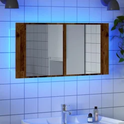 Best Muebles tifón Armario con espejo LED madera ingeniería envejecida 90x12x45 cm Marrón