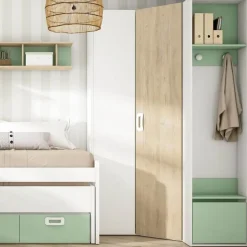 Best Muebles tifón Armario de rincón con zapatero JOVEN 116 Blanco mate-Sahara-Verde talco