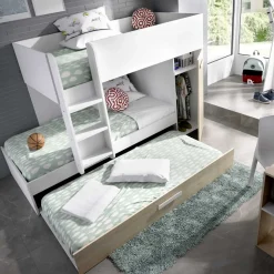 Outlet Muebles tifón Cama juvenil tipo tren PET (3 camas) Blanco-Natural