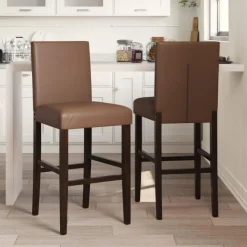 Best Muebles tifón Taburetes altos 2 uds madera maciza de caucho y cuero sintético Marrón